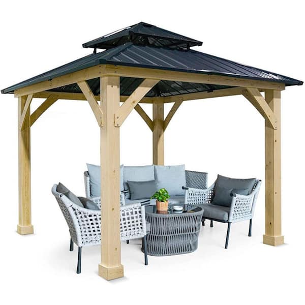 Clihome 10 ft. x 10 ft. Patio Pine Wood Hardtop Gazebo with Double Steel Roof, Sunshade and J-Hooks for Outdoor