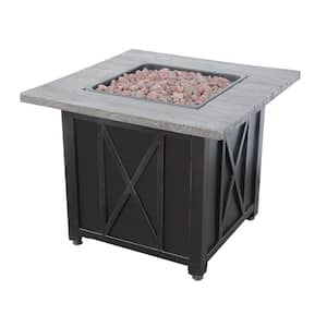 30 in. W Square Wood Look Resin Mantel LP Gas Fire Pit with Integrated Electronic Ignition, Lava Rock and Included Cover