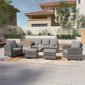 5-Piece Gray Wicker Patio Sofa Set Outdoor Conversation Set with 3-Seat Sofa Ottomans, Linen Grey Cushions