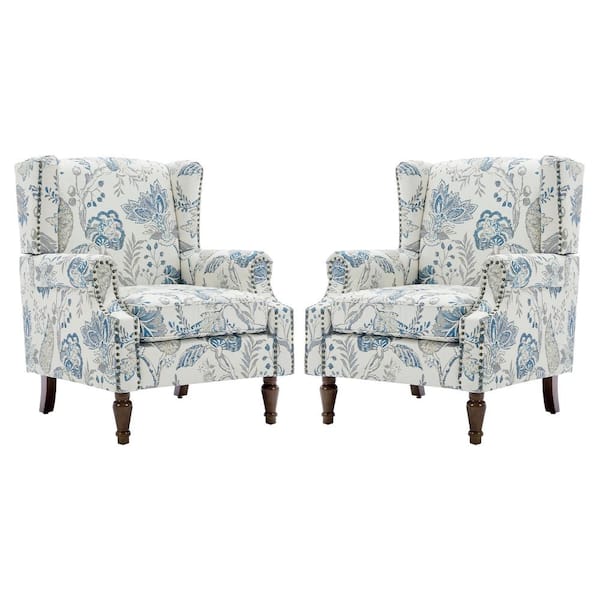 Uixe Plants Blue Linen Upholstered High Back Accent Arm Chair with