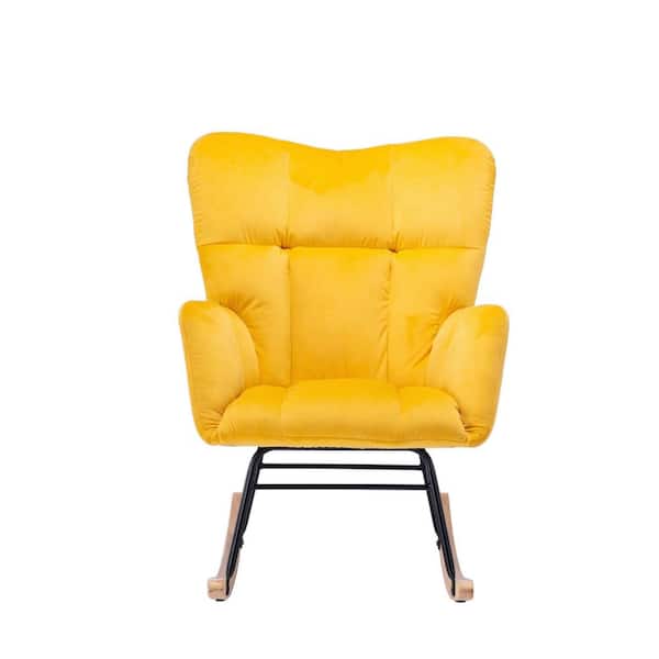 Z-joyee Yellow Velvet Tufted Upholstered Mid Century Modern Rocking Chair Padded Seat