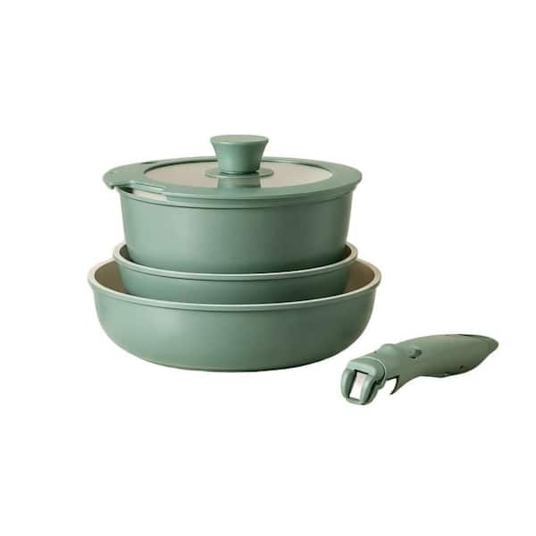 Green 5 Piece Ceramic Nonstick Cookware Set, Removable Handle Non Toxic Space Saving Kitchen Pots Pans Set