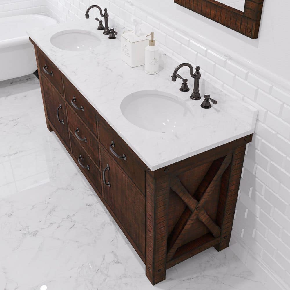 Aberdeen 72" Double Sink Rustic Sierra Vanity with Carrara White Marble Top