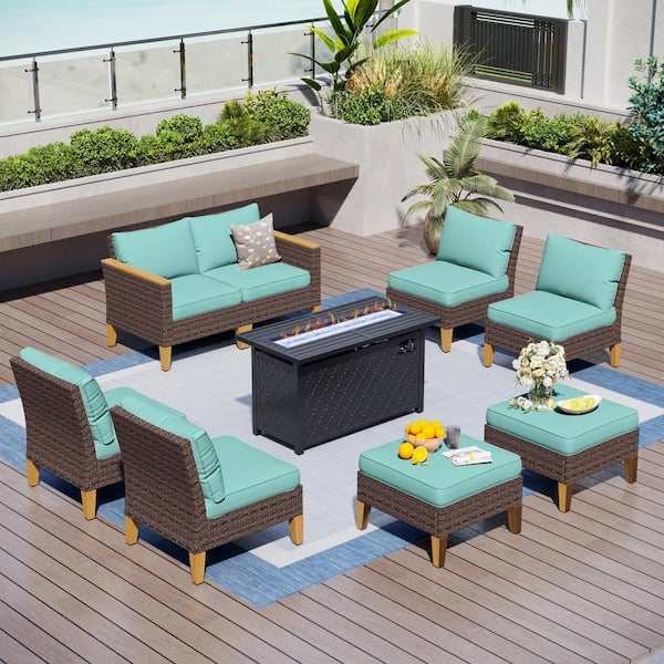 PHI VILLA Brown Rattan Wicker 8 Seat 9-Piece Steel Outdoor Patio Conversation Set with Blue Cushions, Rectangular Fire Pit Table