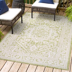 Sinjuri Medallion Textured Weave Green/Cream 3 ft. x 5 ft. Indoor/Outdoor Area Rug