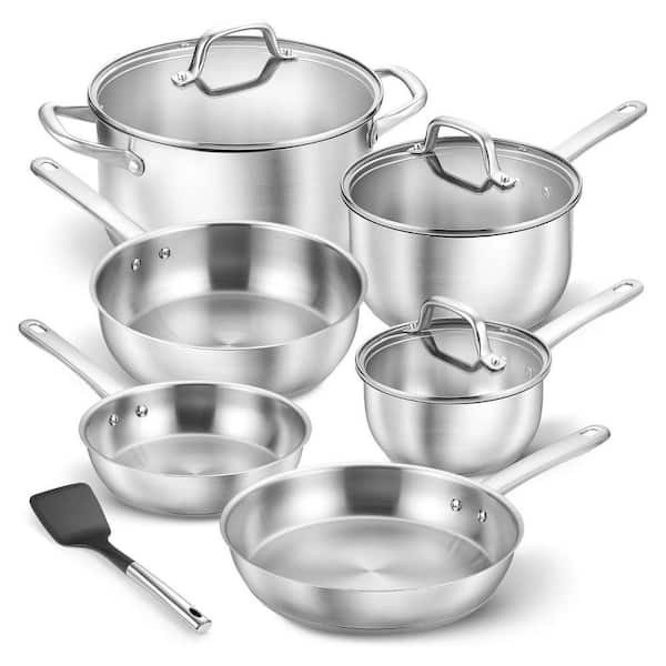 10-Piece Stainless Steel Cookware Set Silver Food-Grade Non-Toxic Induction Compatible Even Heating Set with Steamer