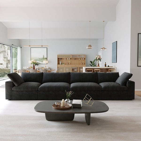 120 in. Square Arm Linen Deep Seat L Shaped 5-Piece Sectional Sofa in Black with Removable Covers for Living Room