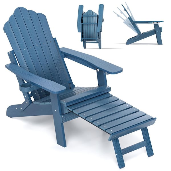 LIVIZA Navy Blue HIPS Plastic Patio Adirondack Lounge Chair with Retractable Footrest(1-Pack)