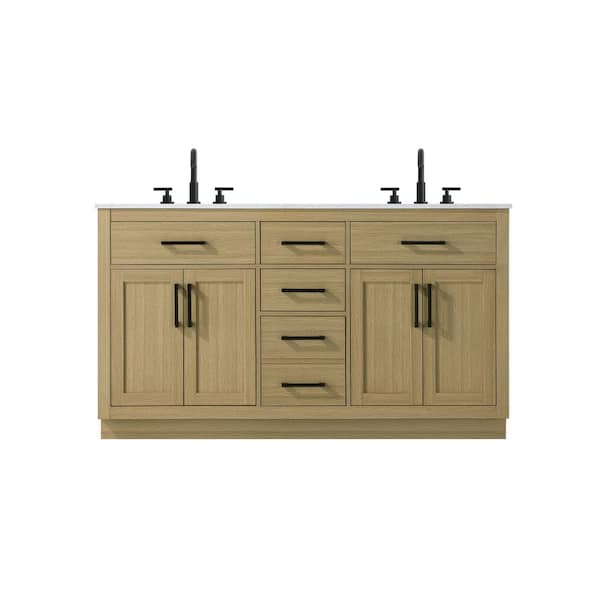 60 in. Double Sink Honey Brown Bath Vanity with White Engineered Marble Top
