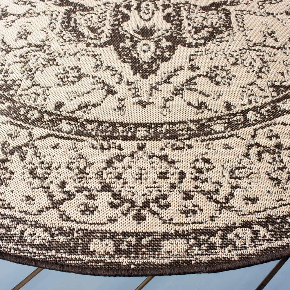 Cream and Brown Round Synthetic Non-slip Area Rug, 6'7"