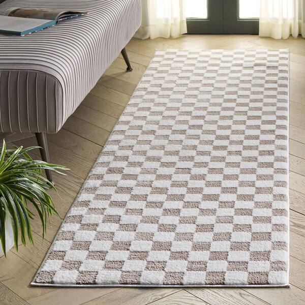 Lunara 2 ft. x 8 ft. Light Beige/Ivory Check Runner Rug