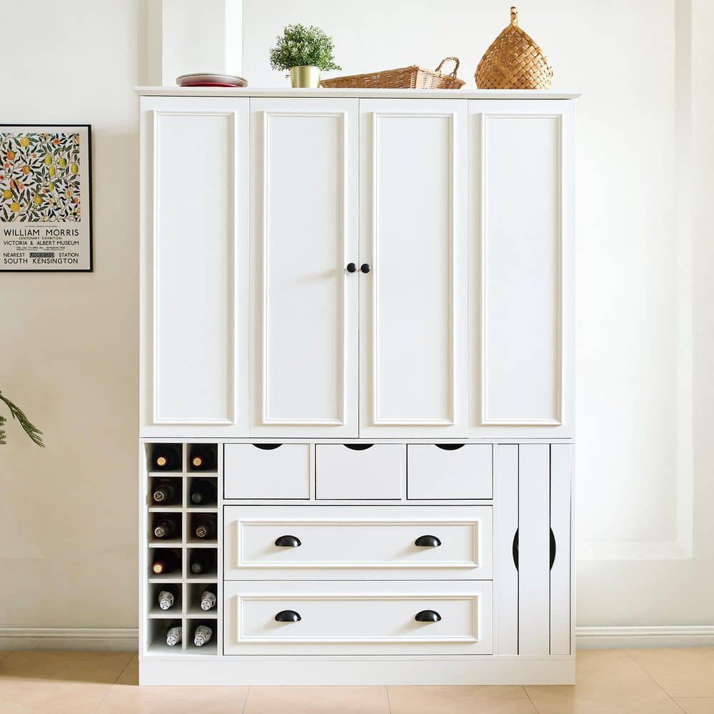 Bledri White Wood 71 in. Freestanding Kitchen Pantry Cabinet with 2 Foldable Doors and Wine Racks