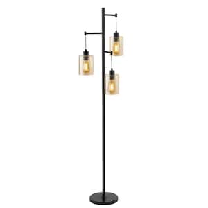 69 in. Black/Amber 3-Light Tree Floor Lamp with Clear Glass Shade