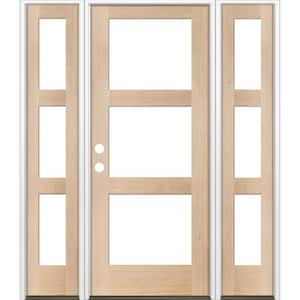 64 in. x 80 in. Modern Hemlock Right-Hand/Inswing 3-Lite Clear Glass Unfinished Wood Prehung Front Door with Sidelites