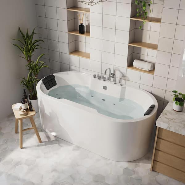 67 in. Center Drain Acrylic Freestanding Flatbottom Whirlpool Bathtub in White with Faucet - Water Jets