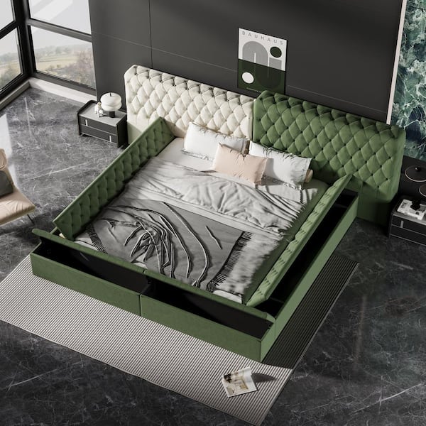 Harper & Bright Designs Button Tufting Green Wood Frame King Size Polyester Platform Bed with Storage Compartments in Rails and Footboard