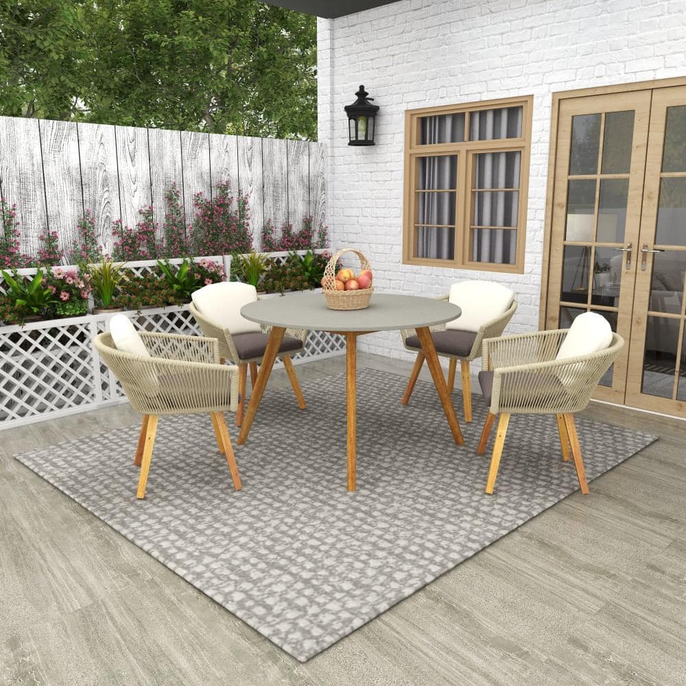 Gray Polycement Top Round Outdoor Dining Table with Acacia Wood Legs