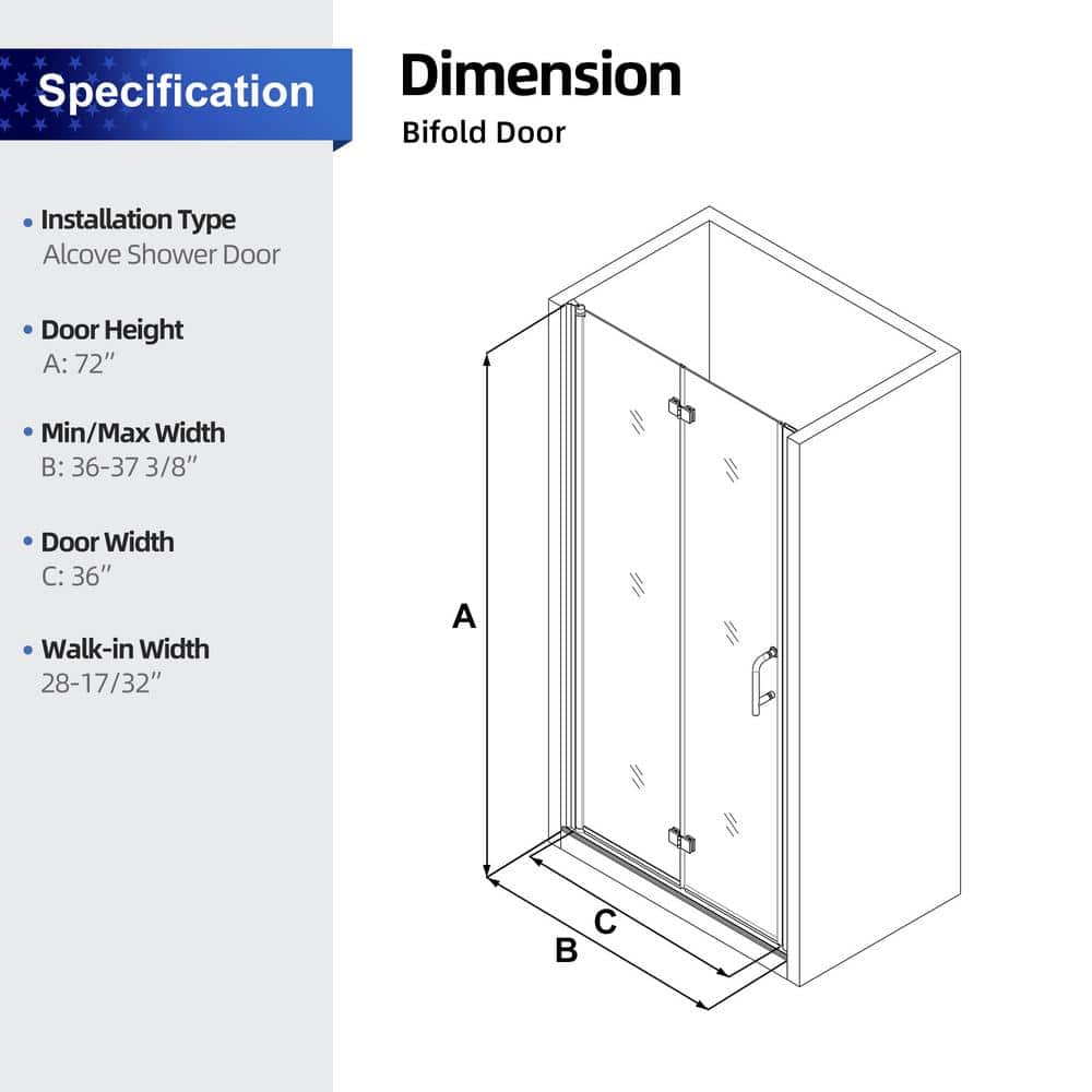 36'' x 72'' Chrome Semi-Frameless Glass Shower Door