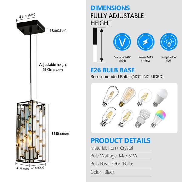 Logmey 60-Watt 3 Light Black Shaded Pendant Light with Prism Logmey 60-Watt 3 Light Black Shaded Pendant Light with Prism