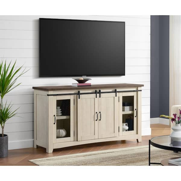 Rustic 65 in. Cream with Brown Top Solid Wood TV Stand Fits TVs Up to 65 to 70 in. with Storage