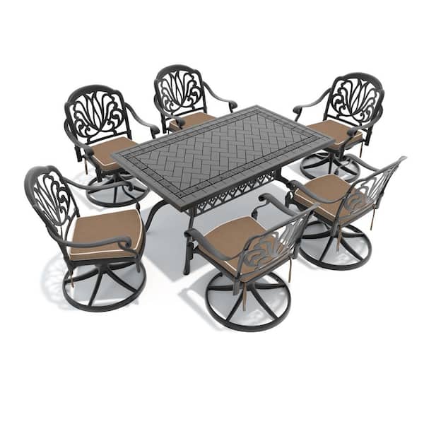7-Piece Black Cast Aluminum Patio Outdoor Dining Set with Rectangular Table and 6 Swivel Chairs with Brown Cushions