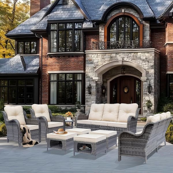 DWIOM Gray 9-Piece Wicker Patio Furniture Set Outdoor Rattan 3-Seat Sofa Armchair Ottomans and Side Table with Beige Cushion