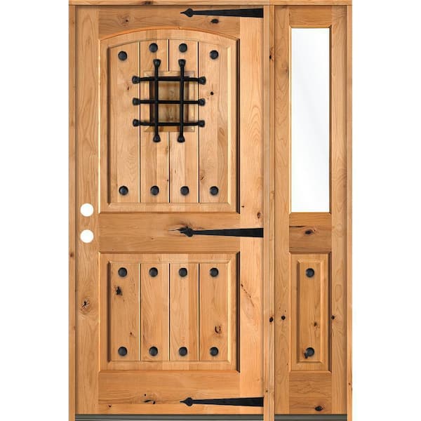 Krosswood Doors 46 in. x 80 in. Mediterranean Knotty Alder Right-Hand/Inswing Clear Glass Clear Stain Wood Prehung Front Door with RHSL