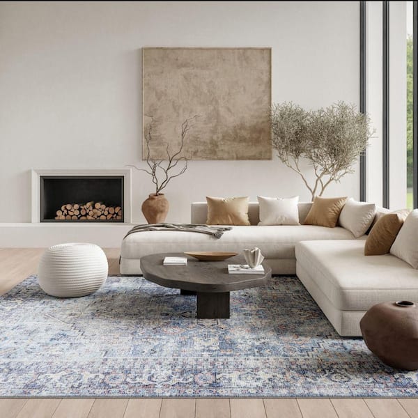 57 Grand Machine Washable Light Gray/Blue 9 ft. x 12 ft. Bordered Traditional Area Rug