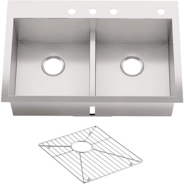 KOHLER Vault Drop-In/Dualmount Stainless Steel 33 in. 4-Hole Double Basin Kitchen Sink Kit