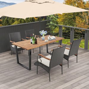 5 Piece Wicker Outdoor Dining Set Acacia Wood Table 6 Rattan Chairs with Umbrella Hole and White Cushions