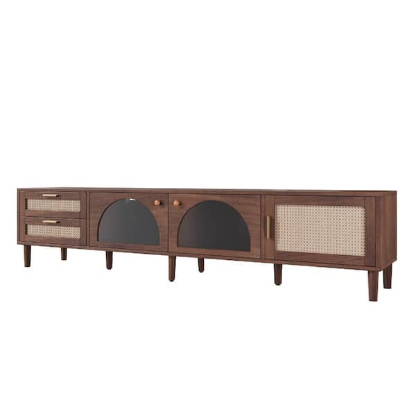 Dark Brown TV Stand Entertainment Center Fits TVs up to 90 in. with App Controlled LED Lights, Rattan Doors, 2 Drawers