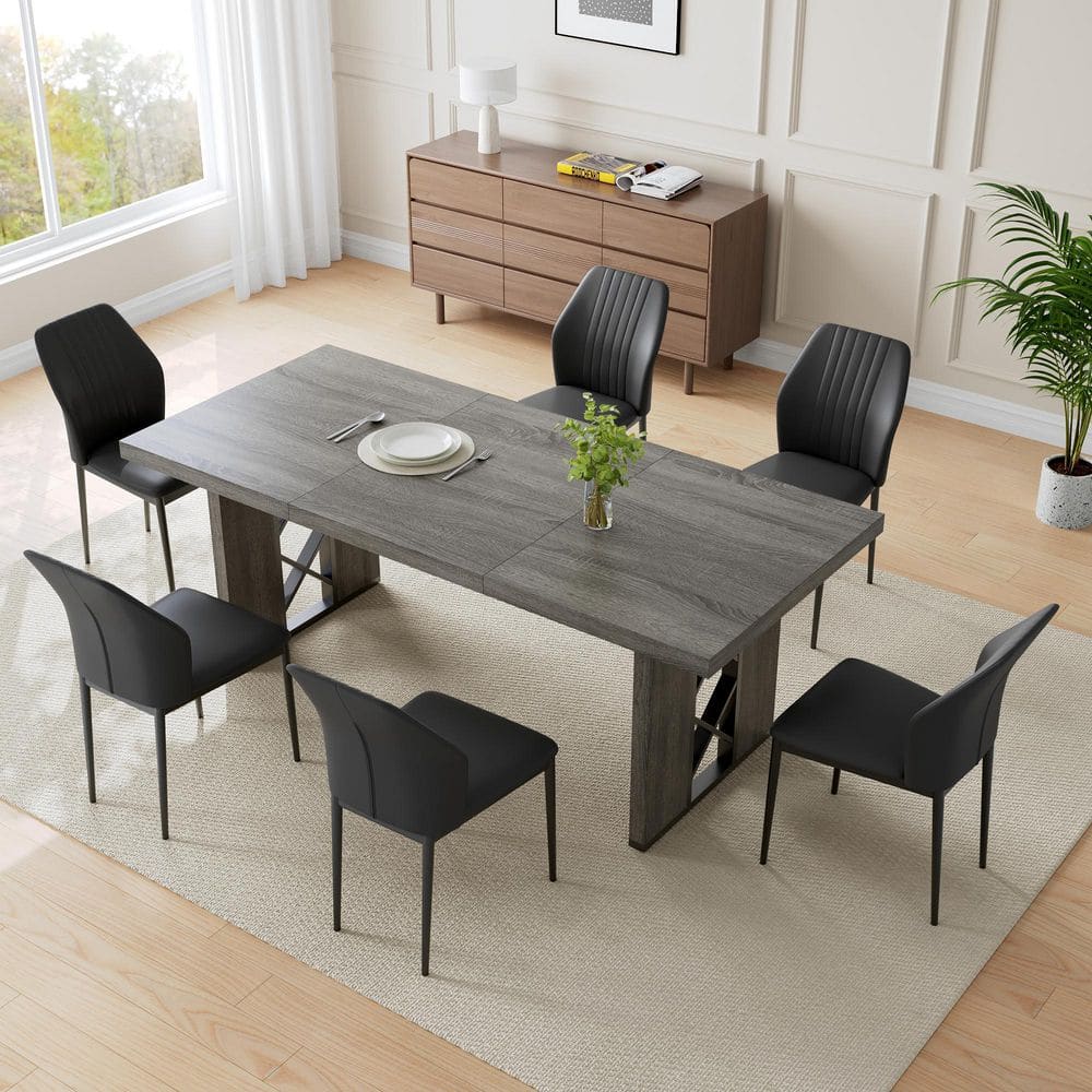 GOJANE 7-Pieces Rectangular Gray MDF Top Dining Table Set Seating