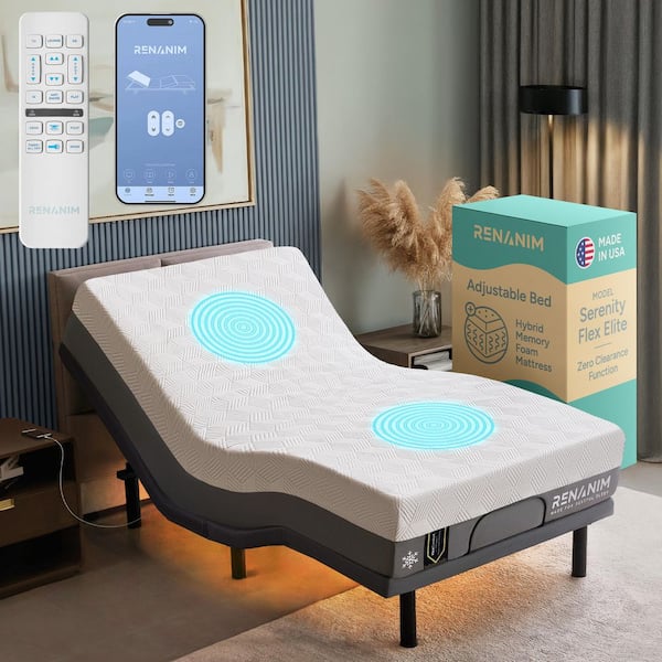 Gray Twin XL Adjustable Bed Frame Base with 14 in. Hybrid Mattress, Massage Wireless Remote Underbed Light Electric Bed