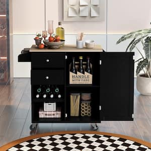 Black Kitchen Cart on 4 Wheels with 2-Drawers and 3 Open Shelves Kitchen Island with Rubber Wood top for Dinning Room