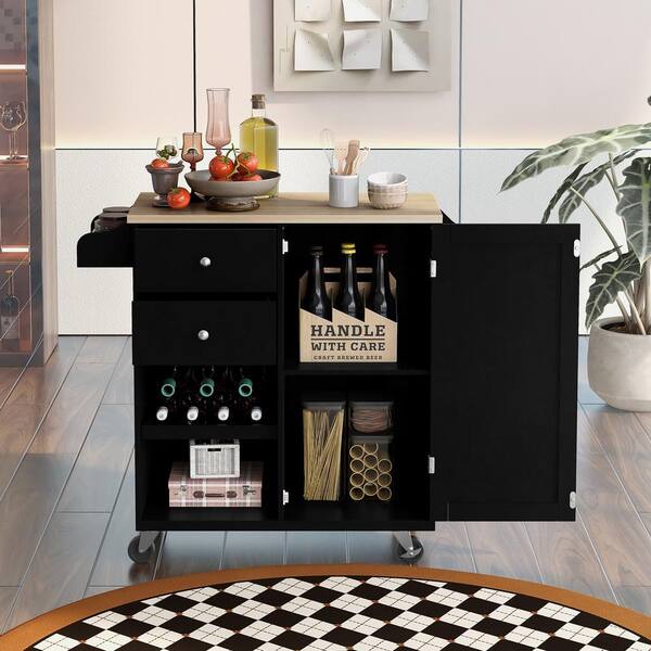 Zeus & Ruta Black Kitchen Cart on 4 Wheels with 2-Drawers and 3 Open Shelves Kitchen Island with Rubber Wood top for Dinning Room