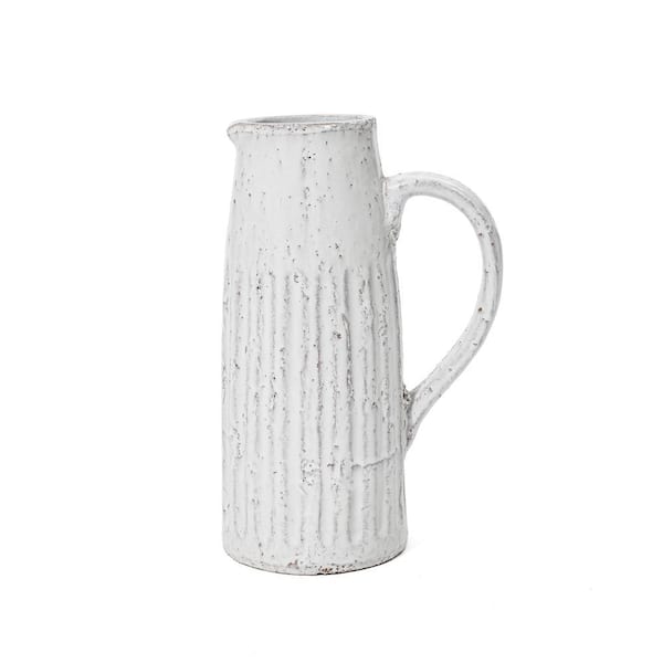 LuxenHome White Vintage Ribbed Terracotta Pitcher Vase with Handle