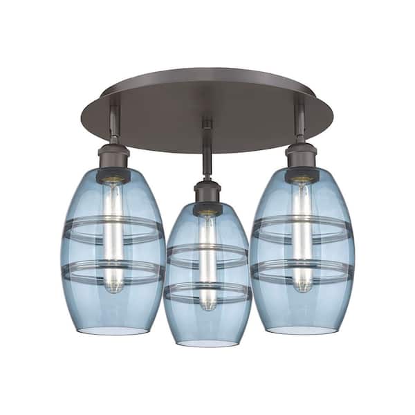 Vaz 17.63 in. 3-Light Oil Rubbed Bronze Industrial Flush Mount with Clear Glass Shade