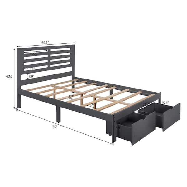 ANBAZAR Gray Full Size Platform Bed Frame with Drawers, Wood Kids Platform Bed Frame with Headboard, No Box Spring Needed