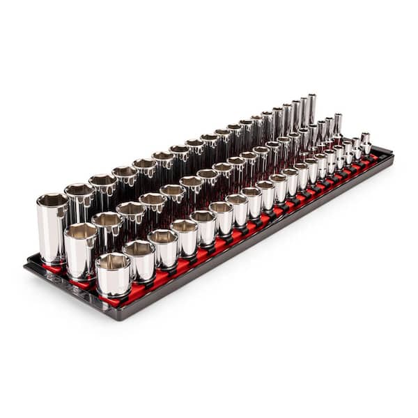 3/8 Inch Drive Shallow, Semi-Deep, and Deep 6-Point Socket Set with Rails and Trays, 57-Piece (6-24 mm)