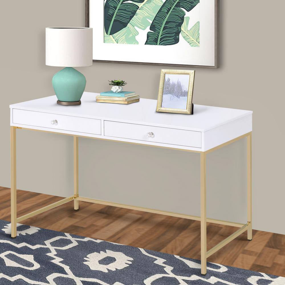 White High Gloss Rectangular Writing Desk with Gold Metal Base and 2 Drawers