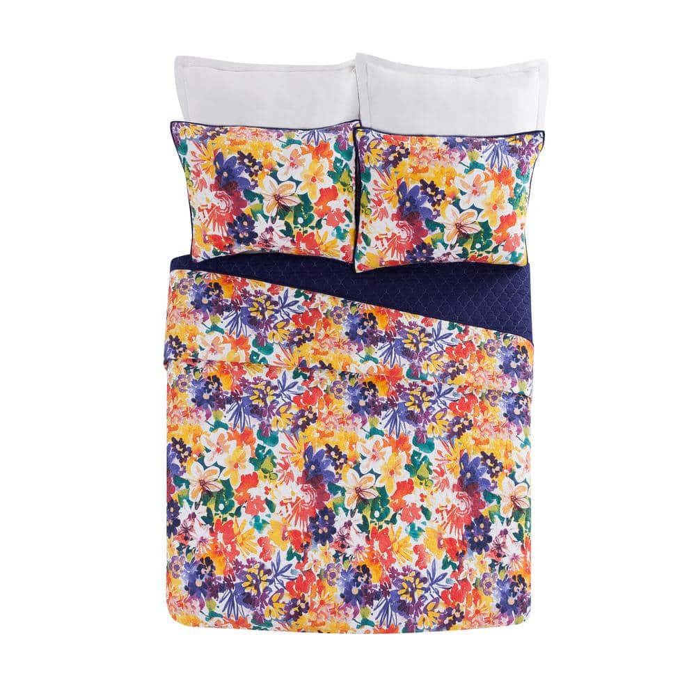 Vibrant Floral Cotton Twin Quilt Set in Purple and Yellow