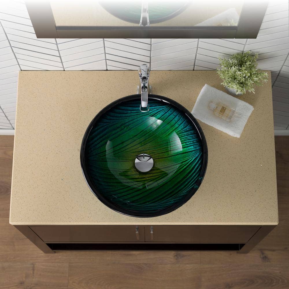 Nei Green Tempered Glass Circular Vessel Sink, 17 inch