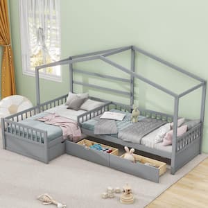 L-Shaped Gray Wood Frame Twin Size Double House Platform Beds with 3-Storage Drawers
