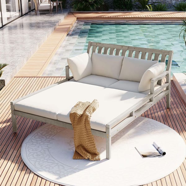 Wood Outdoor Patio Day Bed with Curved Armrests, Suitable for Poolside, Backyard, Garden (Gray Beige Cushions)