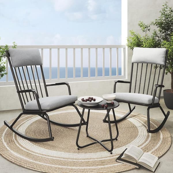 3-Piece Metal Outdoor Bistro Chair Set, Patio Rocking Chairs with Gray Cushions & 18 in. Round Side Table, Black