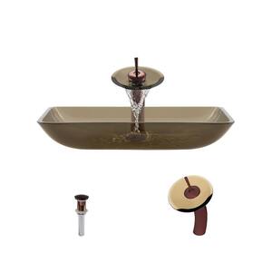 Glass Vessel Sink in Taupe with Waterfall Faucet and Pop-Up Drain in Oil Rubbed Bronze
