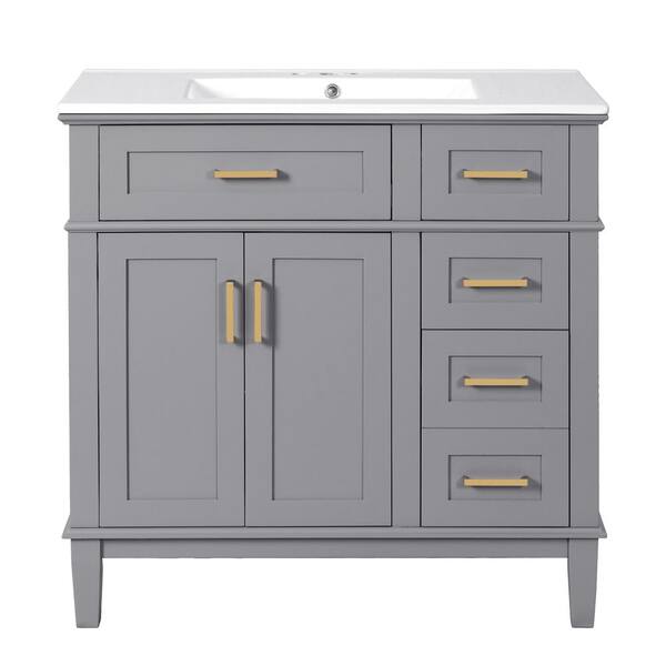 36 in. Freestanding Gray Bath Vanity with White Ceramic Top Unassembled