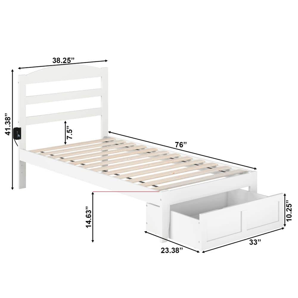Mission-Inspired White Twin Platform Bed with Drawer & USB Charger
