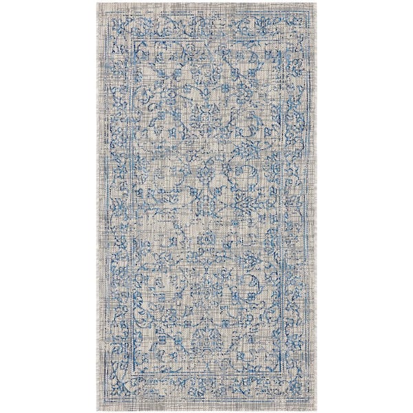 SAFAVIEH Courtyard Gray/Navy Doormat 3 ft. x 5 ft. Border Floral Scroll Indoor/Outdoor Patio Area Rug