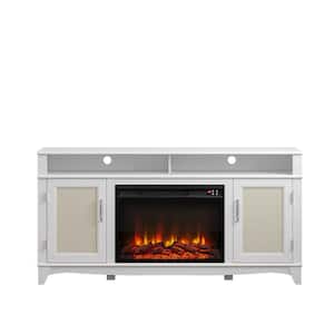 63 in. Wooden TV Stand Electric Fireplace in White with Shaped Base for TVs up to 65 in.